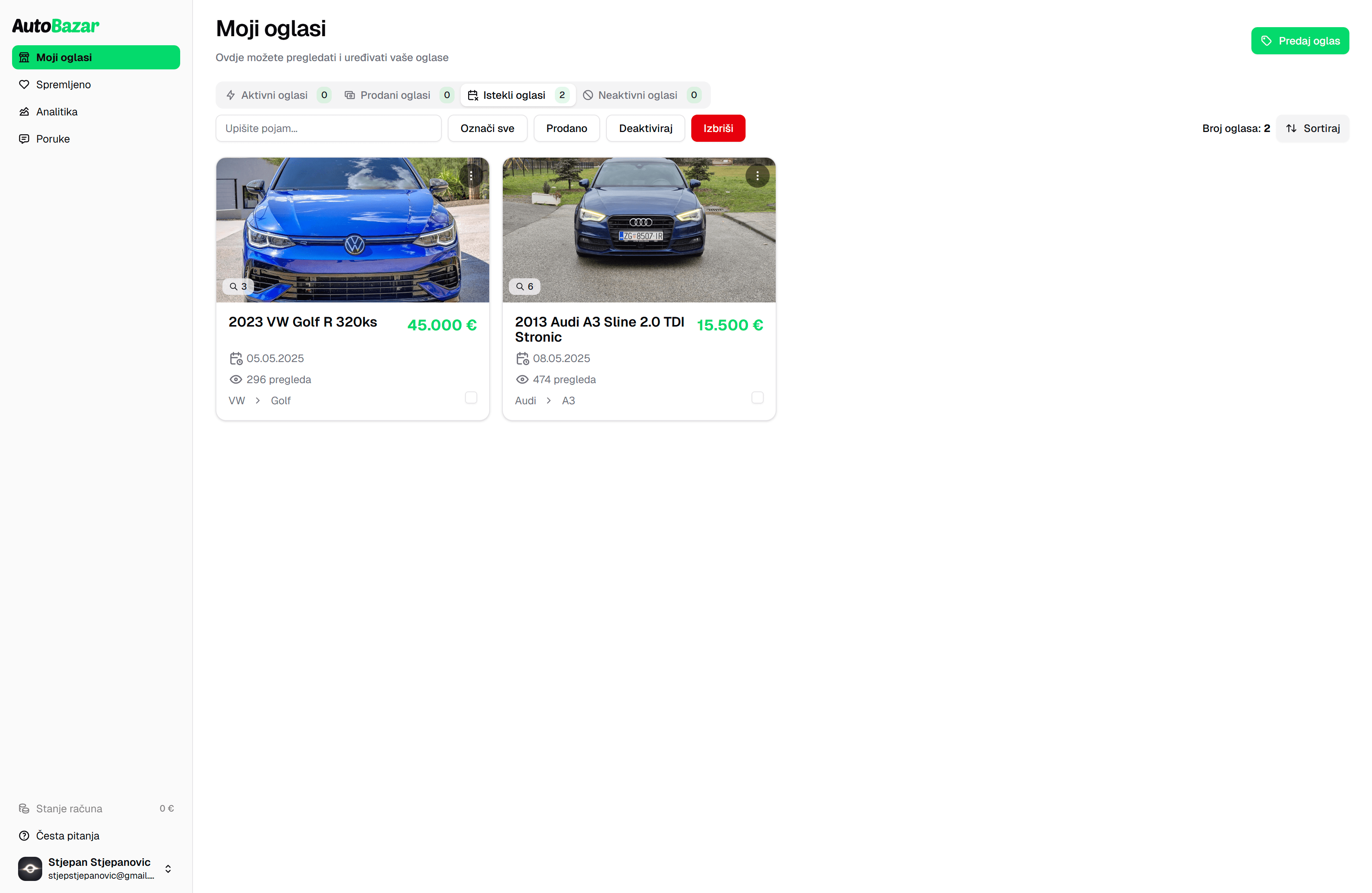 AutoBazar kontrolna ploča za moje oglase